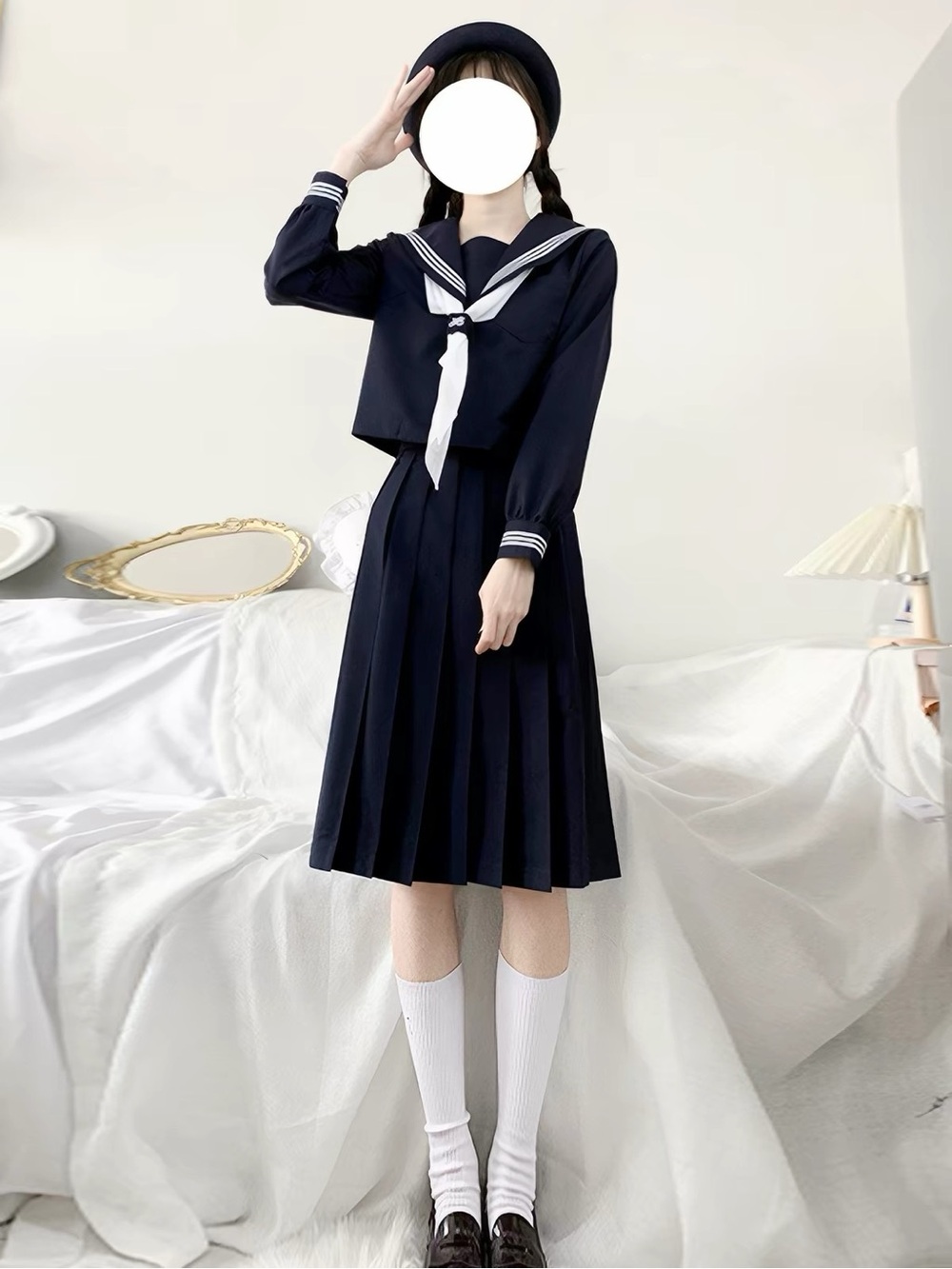Navy Sailor Pleated Skirt Set with White Accent